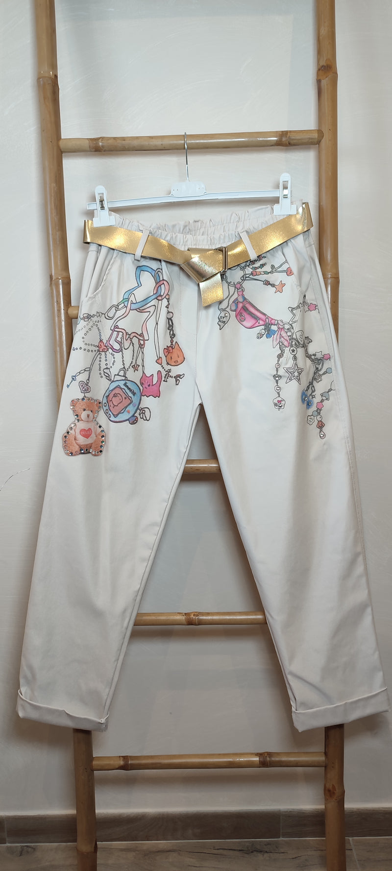 Pantalon Beige à Motifs Ornés de Strass SORIN
