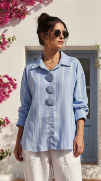 Chemise Blanche et Bleu Ciel à Gros Boutons ANGELA