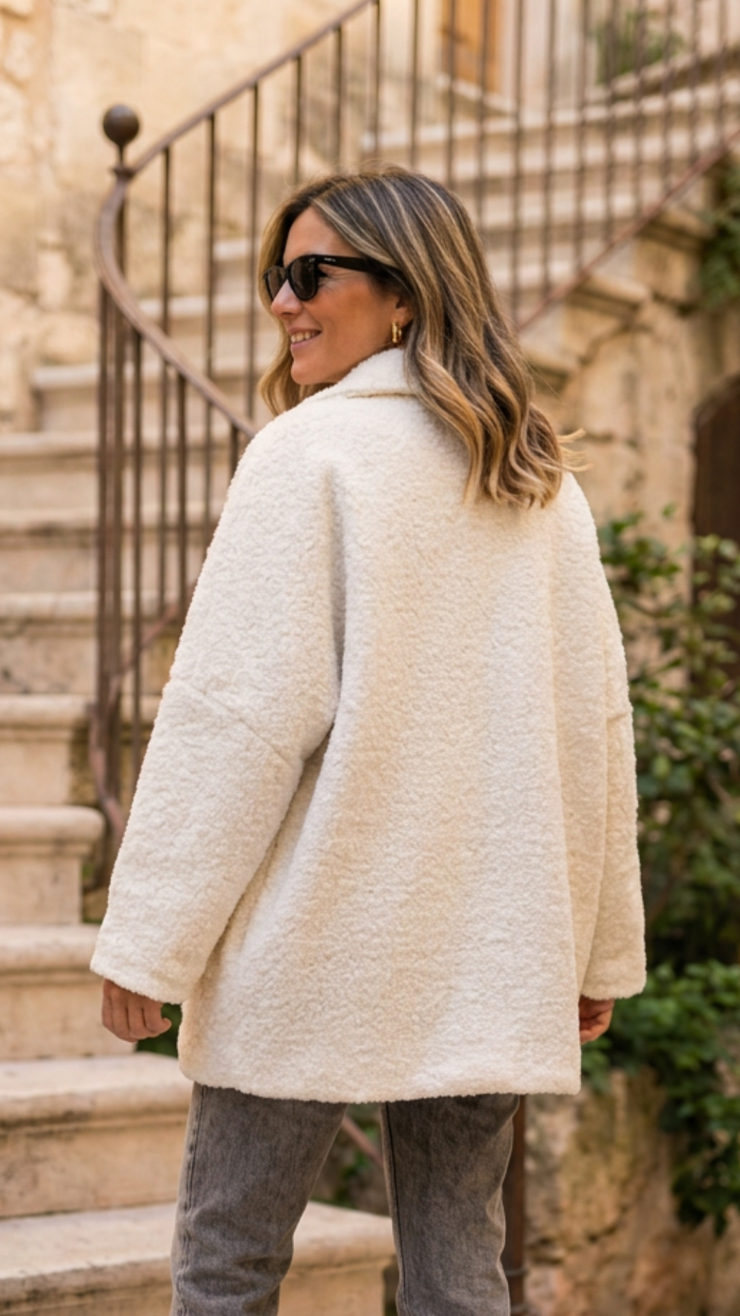 Manteau Oversize Bouclette Ecru  à Inscriptions GRACE