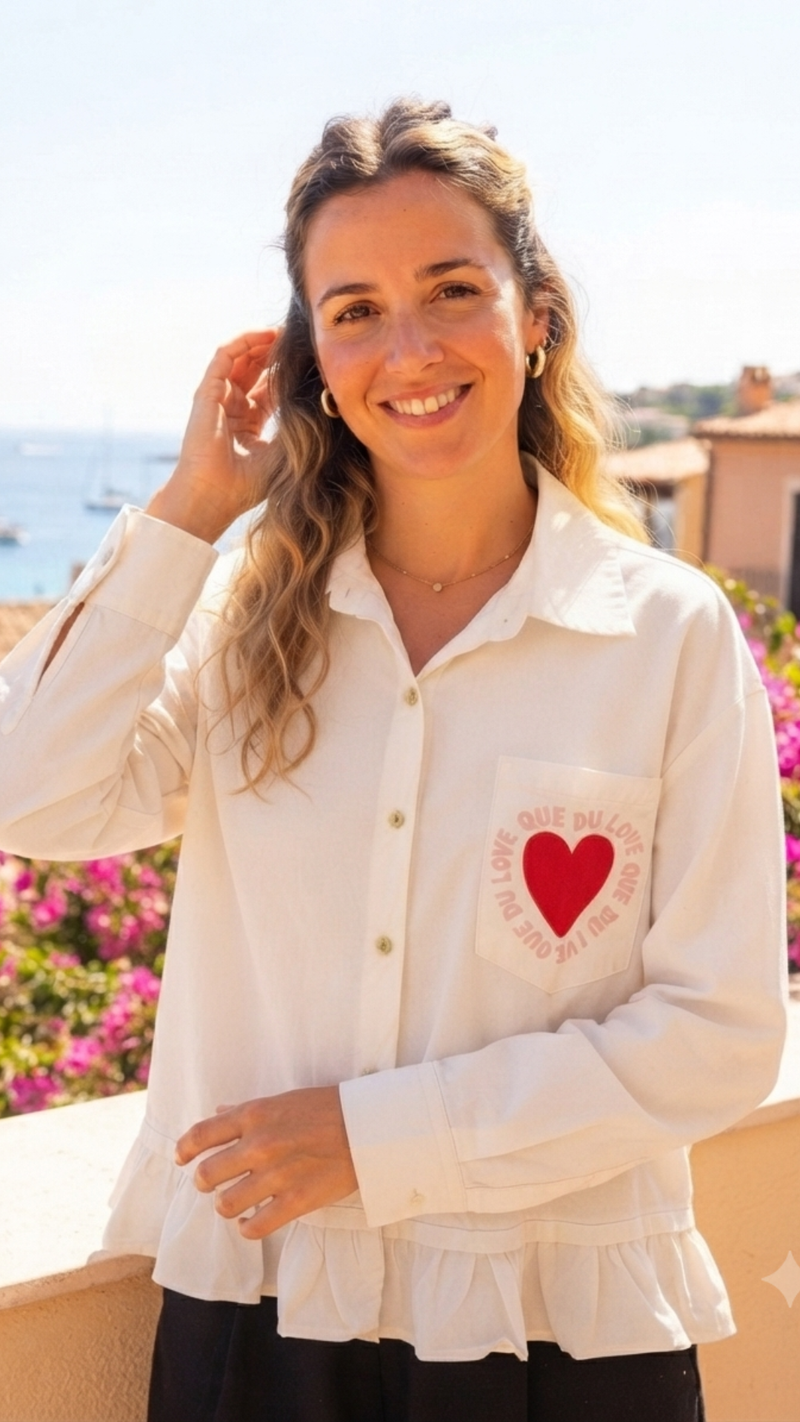 Chemise Blanche Volantée à Motif Coeur Rouge NINON