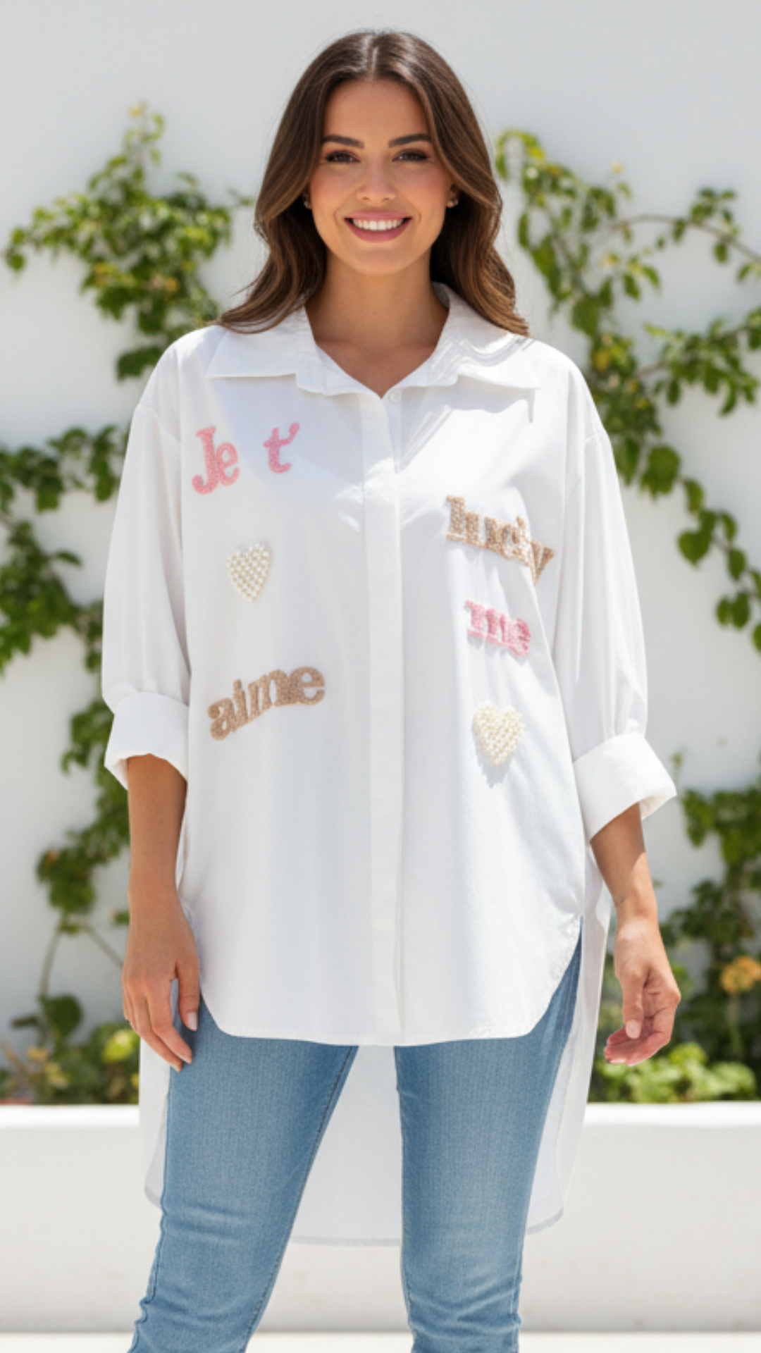 Chemise Blanche Oversize Inscriptions & Cœurs Perles LUCKY