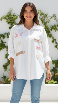 Chemise Blanche Oversize Inscriptions & Cœurs Perles LUCKY