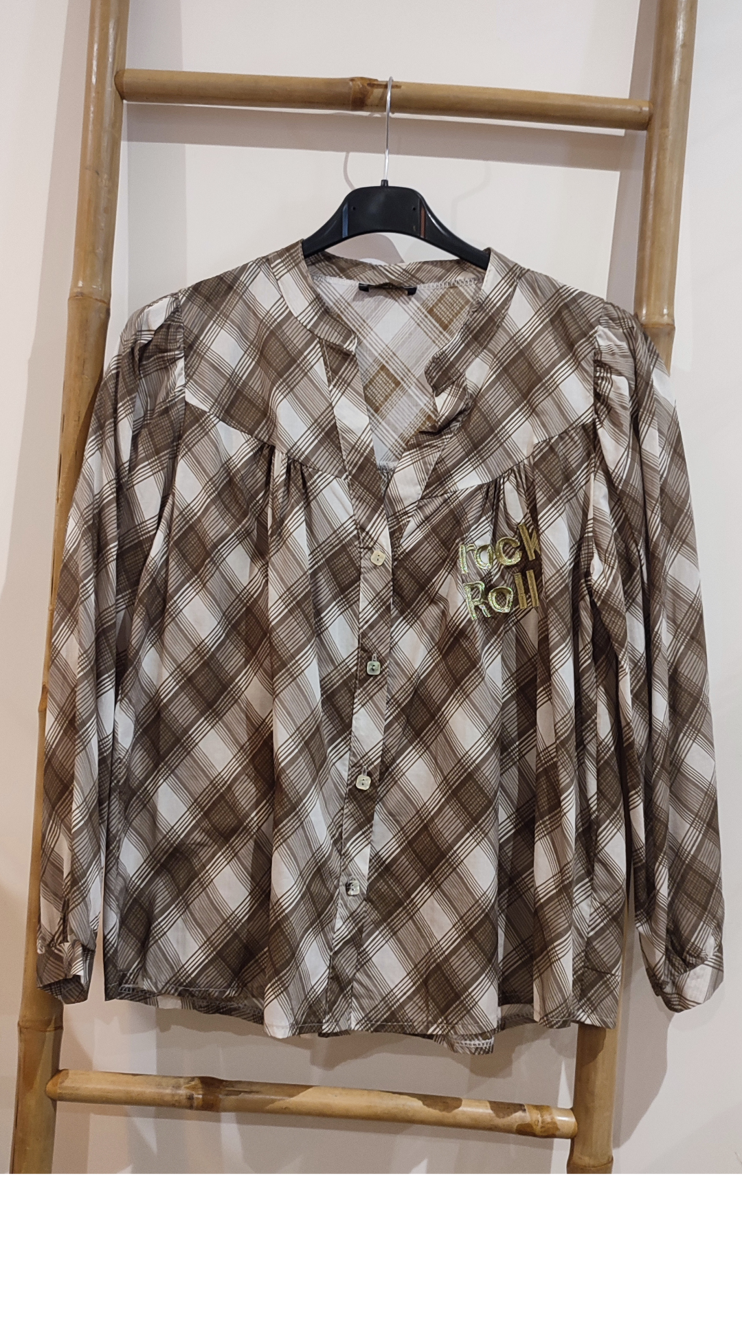 Chemise à Carreaux Beige et Blanc Broderie Rock Roll