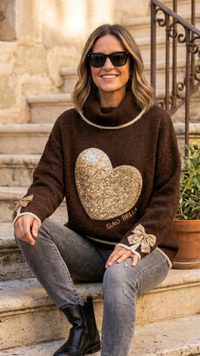 Pull Marron Coffee Motif Coeur Sequins Dorés "CIAO BELLA"