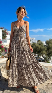 Robe Longue à Bretelles Beige Clair Imprimé Léopard MONICA