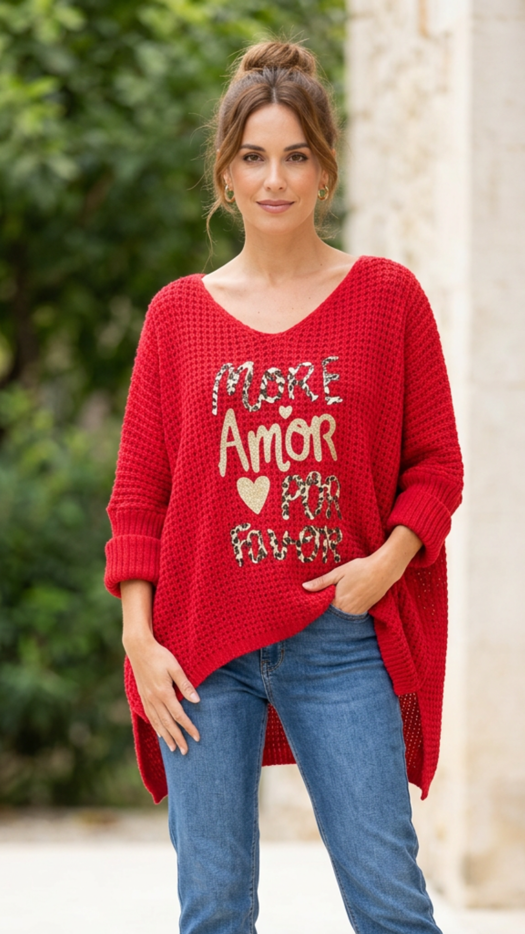 Pull Rouge à Inscription Léopard AMORE