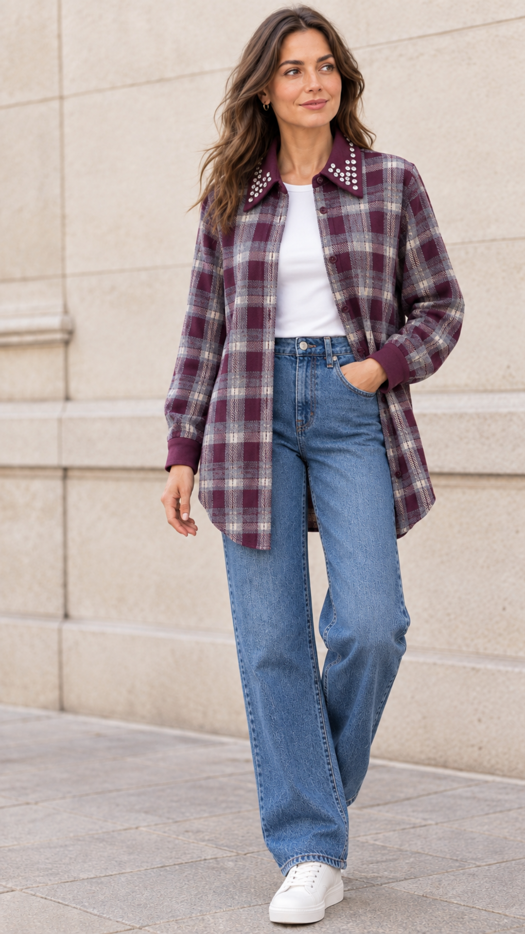 Chemise à Carreaux Bi-Matière Bordeaux et Strass MODA