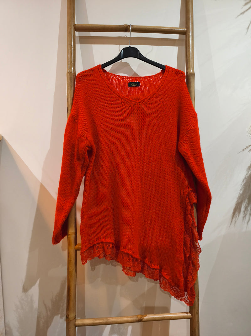 Pull Asymétrique Dentelle Rouge SOREN