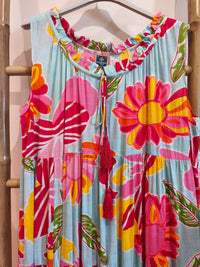 Robe Longue Bleu ciel et Fleurs Brodées Rose Fuchsia MERYL