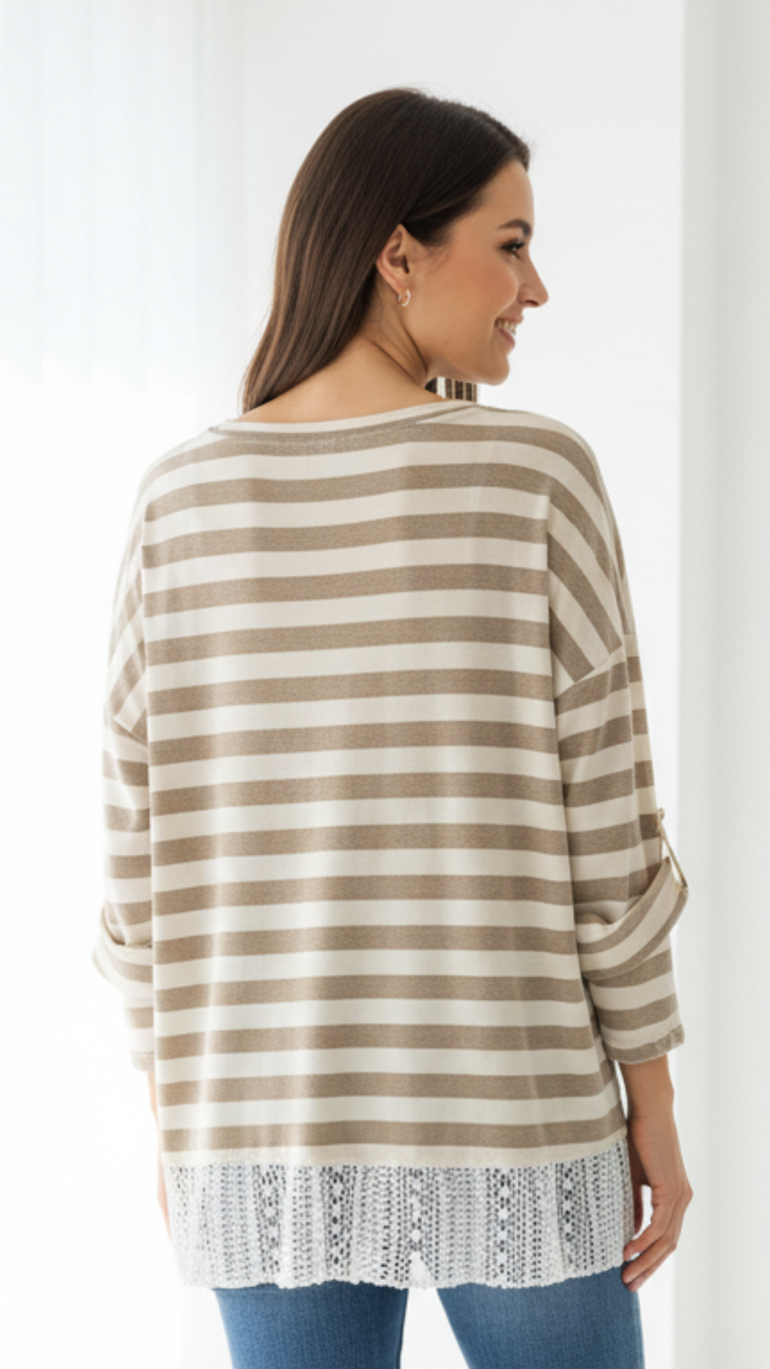 Tee-Shirt Manche Longue Rayé Beige et Dentelle EROS