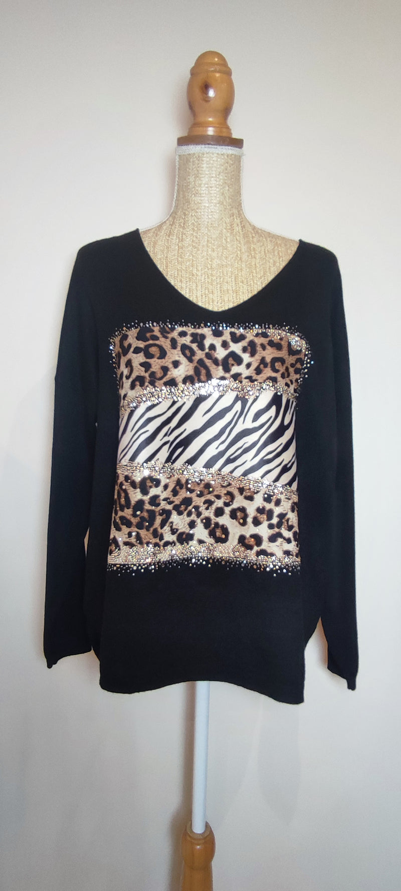 Pull Noir à Motif Animalier et Strass JANY