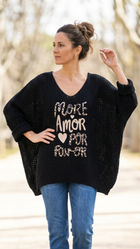 Pull Noir à Inscription Léopard AMORE
