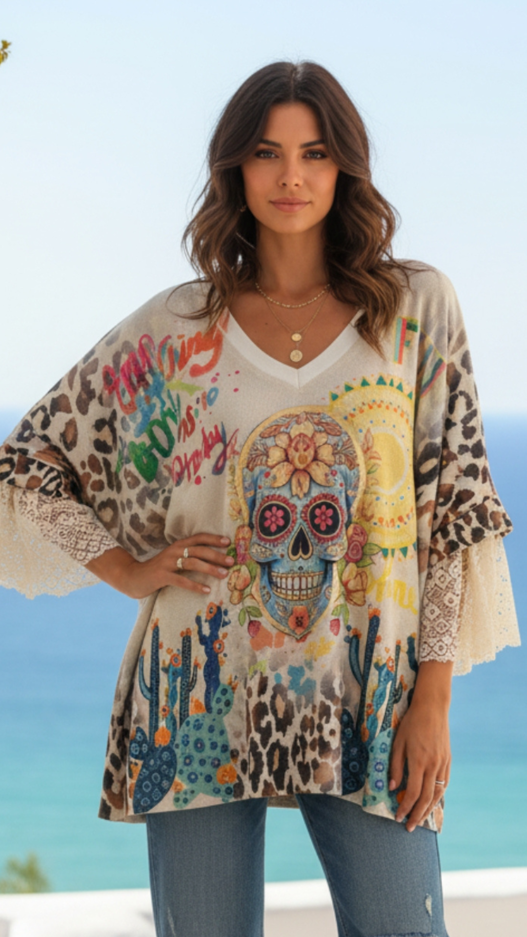 Top Lurex Oversize Manches Dentelle "TÊTE DE MORT"