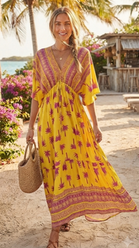 Robe Longue Col V Jaune à Palmier Fuchsia NADOU