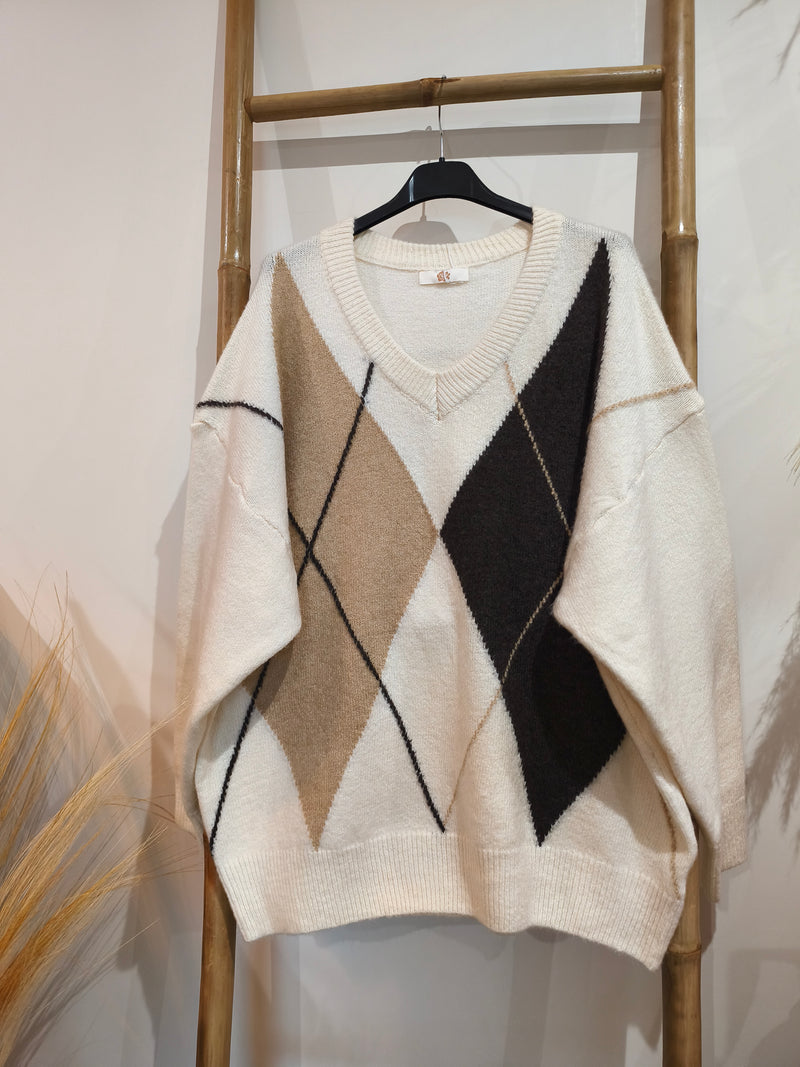 Pull Ecru Oversize à Motif Losanges BERRY