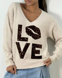 Pull Beige à Inscription Chocolat LOVE