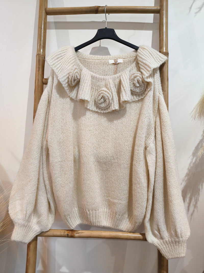 Pull Blanc Cassé Col Claudine à Fleurs IRIS