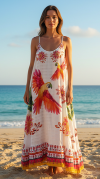 Robe Longue blanche à Bretelles Imprimé Perroquets JENNY
