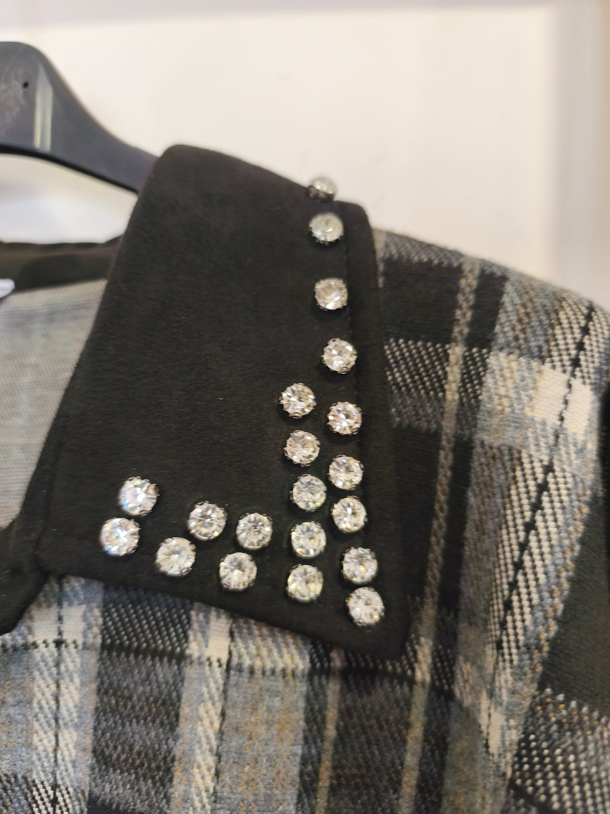 Chemise à Carreaux Bi-Matière Noir et Strass MODA