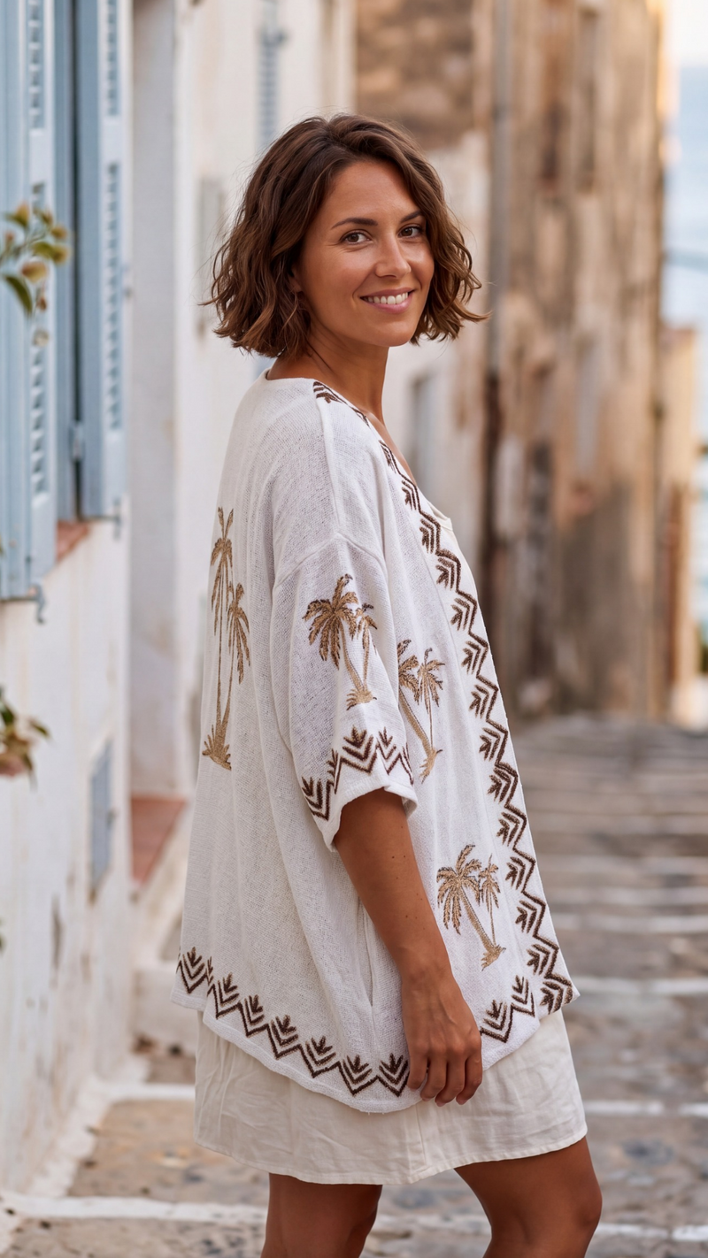 Kimono Blanc à imprimé Palmier FEBEY