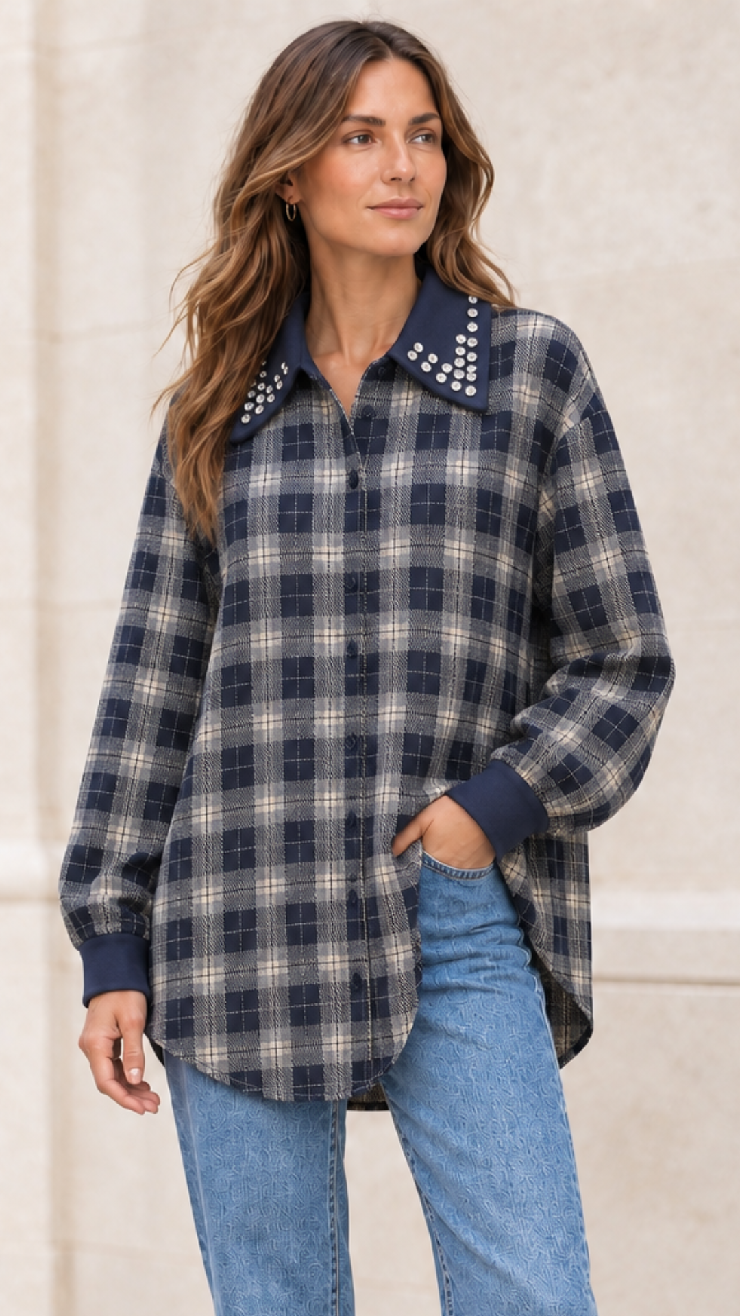 Chemise à Carreaux Bi-Matière Marine et Strass MODA