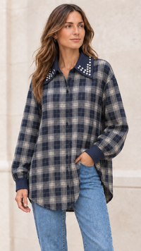 Chemise à Carreaux Bi-Matière Marine et Strass MODA