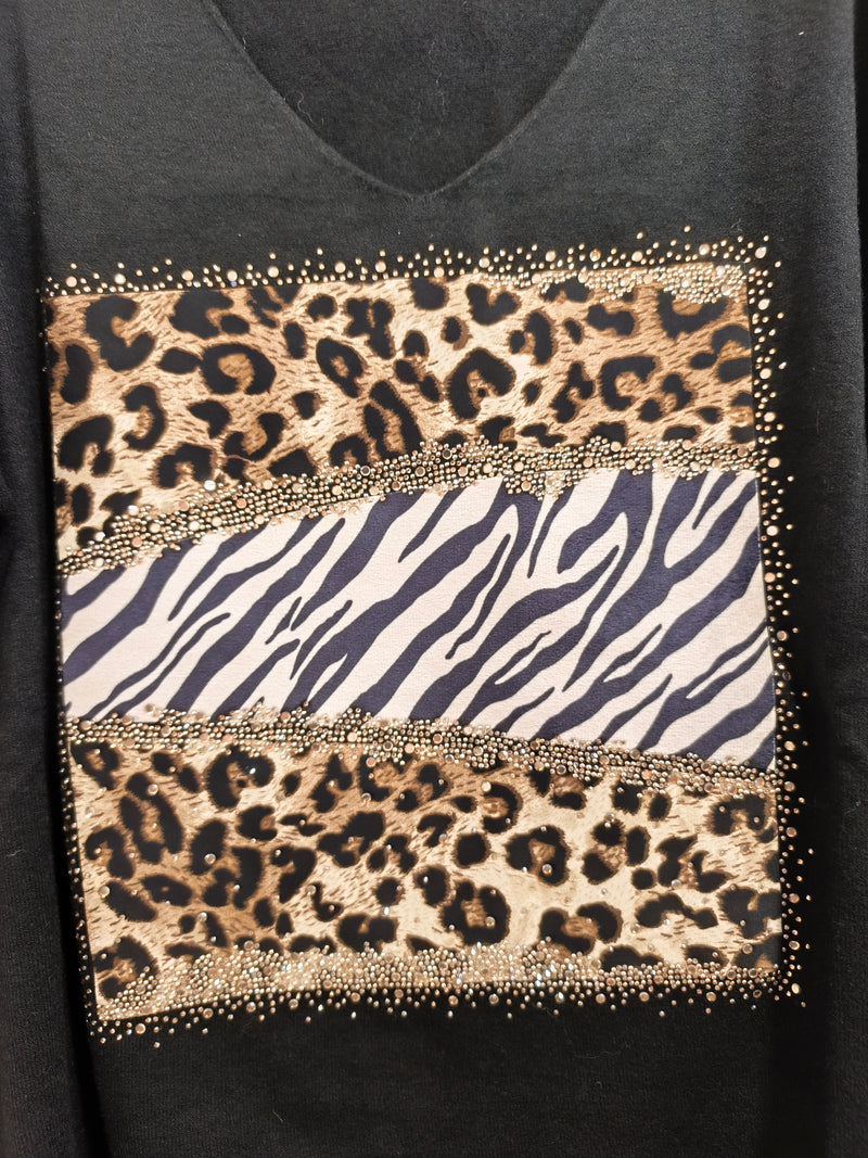 Pull Noir à Motif Animalier et Strass JANY
