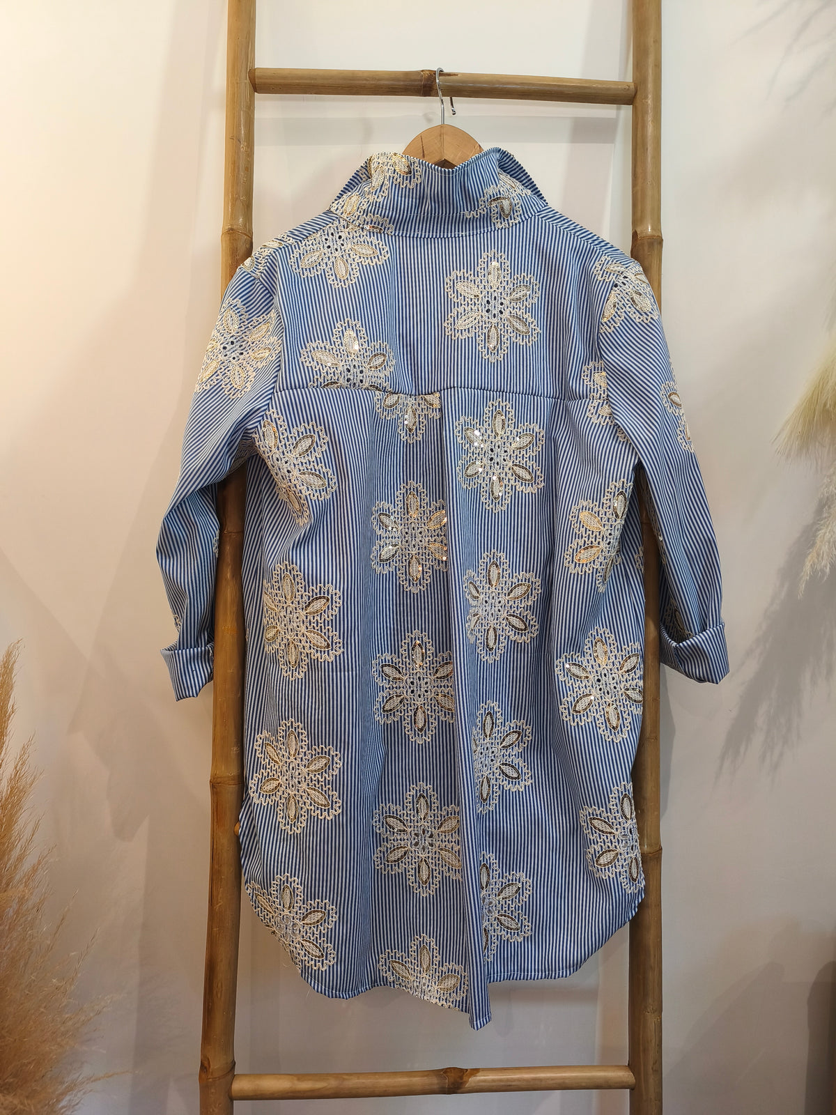 Chemise Rayée Bleu à Fleurs Brodées ELYA