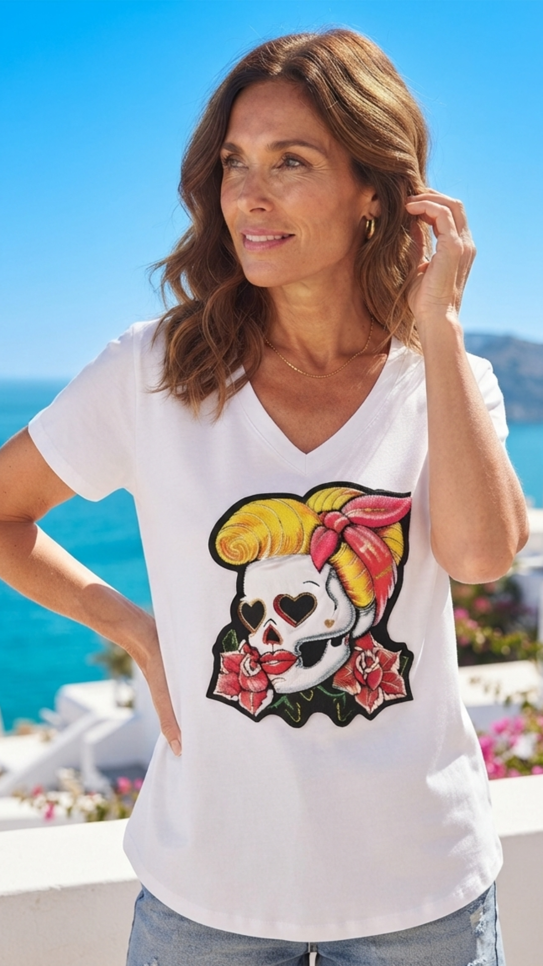 Tee-Shirt Blanc Imprimé Tête de Mort PIN-UP & ROSES