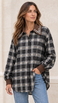 Chemise à Carreaux Bi-Matière Marron et Strass MODA