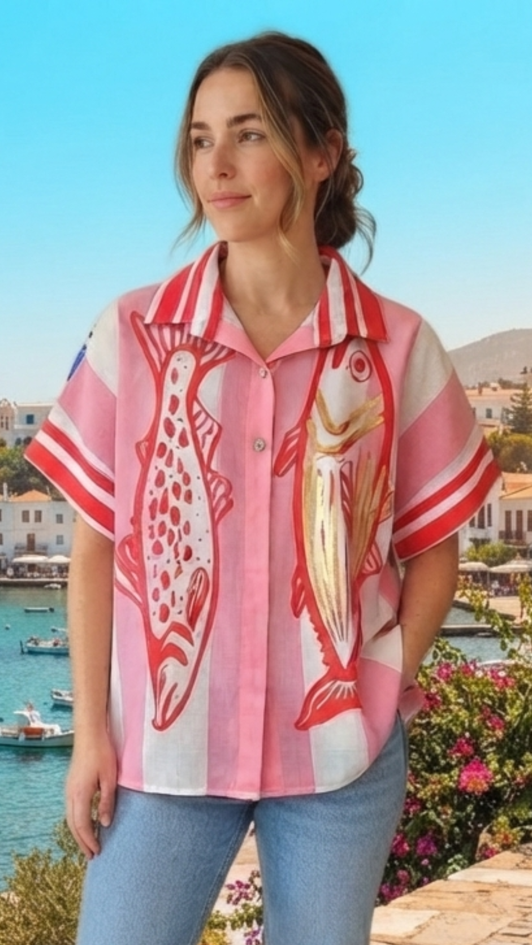 Chemise Rayée Rouge et Rose à Imprimé FISH