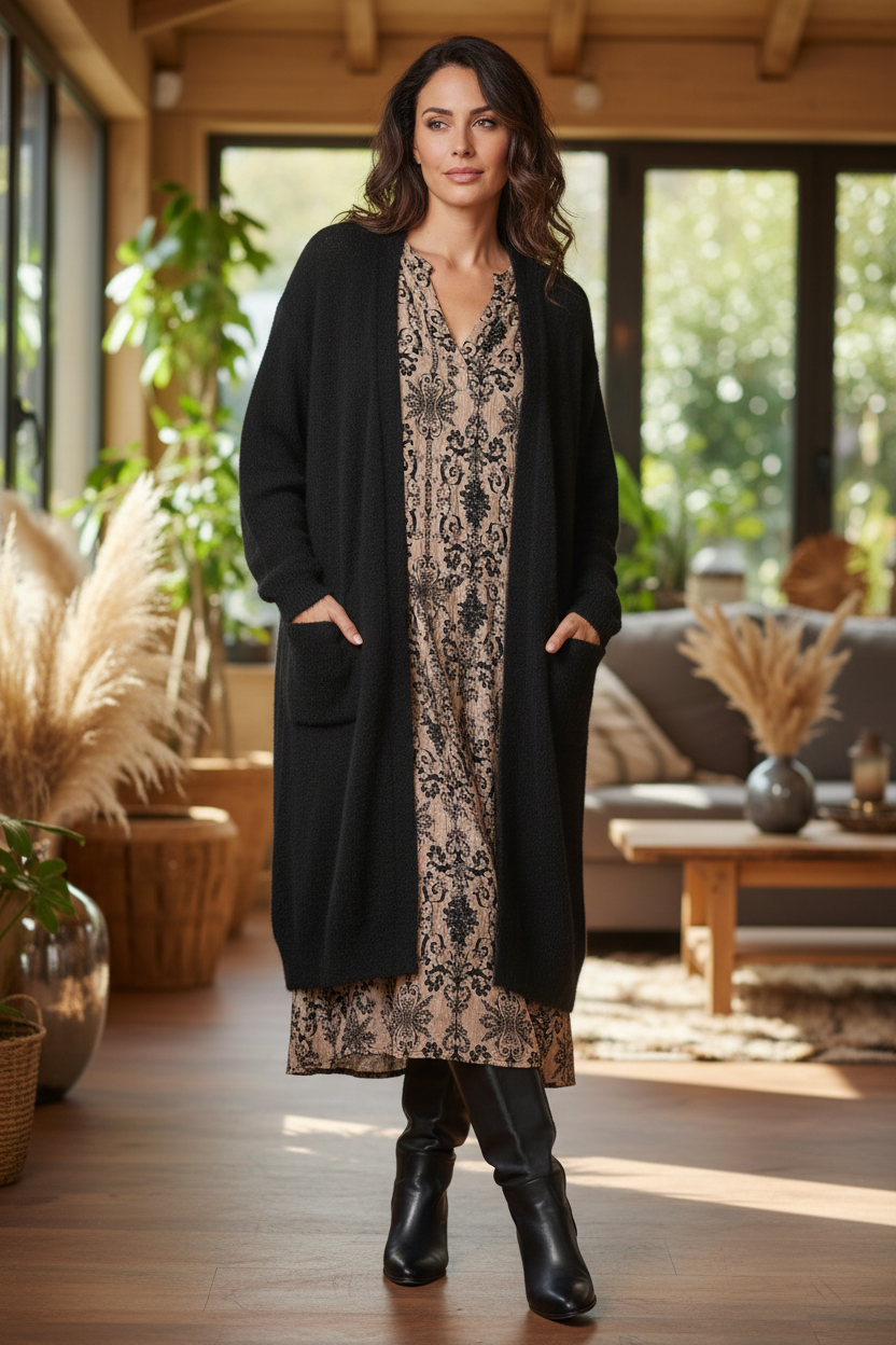 Robe bohème avec gilet noir sans capuche et bottes