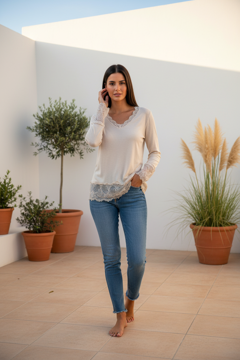 Top Dentelle Col V ELY Beige Clair - Autre modèle